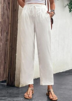 White Drawastring High Waisted Pocket Pants -Rosewe Promotion Store 327603 P 16824778028554
