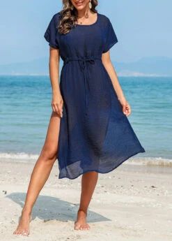 Side Slit Drawstring Navy Cover Up Dress