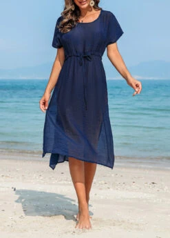 Side Slit Drawstring Navy Cover Up Dress -Rosewe Promotion Store 327870 P 16798827503503
