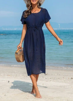 Side Slit Drawstring Navy Cover Up Dress -Rosewe Promotion Store 327870 P 16798827503965
