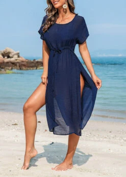 Side Slit Drawstring Navy Cover Up Dress -Rosewe Promotion Store 327870 P 16798827505142