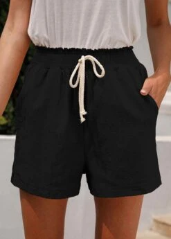 Elastic Waist Pocket Black Regular High Waisted Shorts