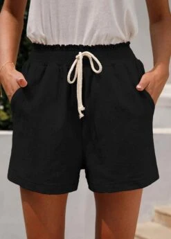 Elastic Waist Pocket Black Regular High Waisted Shorts -Rosewe Promotion Store 328107 P 1677638855684