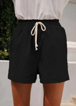 Elastic Waist Pocket Black Regular High Waisted Shorts -Rosewe Promotion Store 328107 P 1677638856184