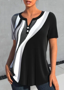 Geometric Print Button Black Split Neck Blouse -Rosewe Promotion Store 328153 P 1677660199037