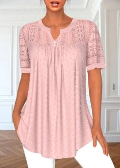Pink Split Neck Short Sleeve Lace Blouse