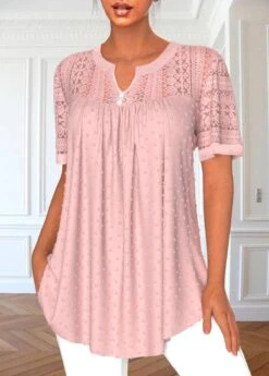Pink Split Neck Short Sleeve Lace Blouse -Rosewe Promotion Store 328154 P 1688459487345