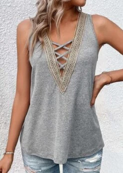 Criss Cross V Neck Grey Tank Top