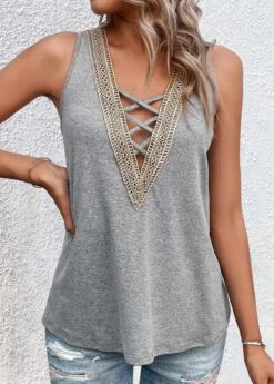 Criss Cross V Neck Grey Tank Top 7 Criss Cross V Neck Grey Tank Top -Rosewe Promotion Store 328159 P 1677667063779