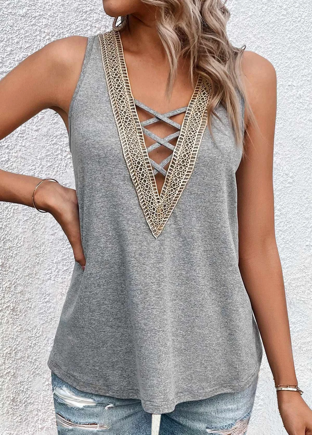 Criss Cross V Neck Grey Tank Top 5 Criss Cross V Neck Grey Tank Top - Image 3