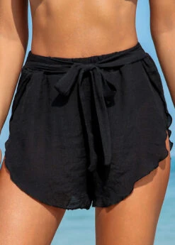 Cross Hem Black Belted Beach Shorts