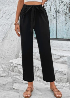 Black Elastic Waist High Waisted Bowknot Pants -Rosewe Promotion Store 328240 P 16799726285404