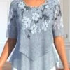 Plus Size Grey Layered Floral Print Blouse -Rosewe Promotion Store 328247 P 1677740421558