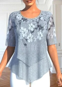 Plus Size Grey Layered Floral Print Blouse