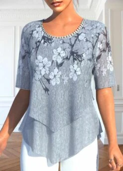 Plus Size Grey Layered Floral Print Blouse -Rosewe Promotion Store 328247 P 1677740421613