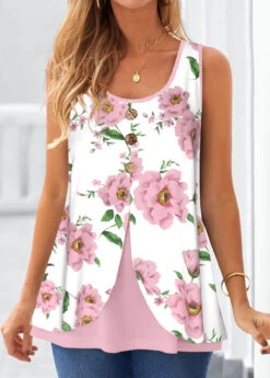 Floral Print Fake 2in1 Pink Tank Top -Rosewe Promotion Store 328284 P 1680085149576