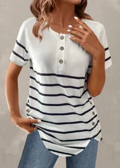 Plus Size White Button Striped T Shirt -Rosewe Promotion Store 328310 P 1678179200952