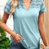 Dusty Blue V Neck Lace T Shirt -Rosewe Promotion Store 328355 P 1679216201697