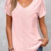 Pink V Neck Short Sleeve Lace T Shirt -Rosewe Promotion Store 328357 P 1677834864294