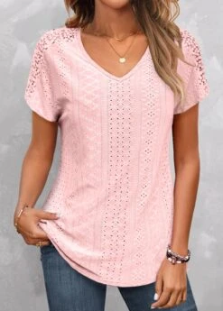 Pink V Neck Short Sleeve Lace T Shirt -Rosewe Promotion Store 328357 P 1677834864917