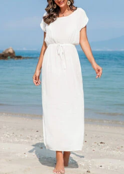 Side Slit Drawstring White Cover Up -Rosewe Promotion Store 328398 P 16798827492754