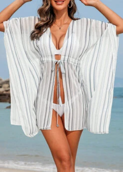 Striped Drawstring White Half Sleeve Cover Up -Rosewe Promotion Store 328401 P 16796269560140