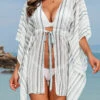 Striped Drawstring White Half Sleeve Cover Up -Rosewe Promotion Store 328401 P 16796269561264