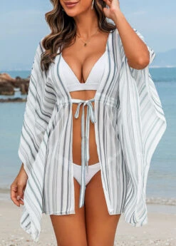 Striped Drawstring White Half Sleeve Cover Up -Rosewe Promotion Store 328401 P 16796269564853