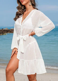 Belted Button Bowknot White Cover Up -Rosewe Promotion Store 328405 P 16796269541030