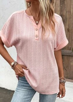 Button Detail Dusty Pink Split Neck Blouse