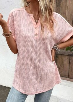 Button Detail Dusty Pink Split Neck Blouse 11 Button Detail Dusty Pink Split Neck Blouse -Rosewe Promotion Store 328498 P 16817193919053