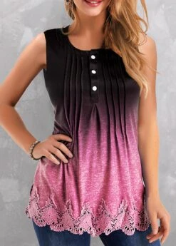 Ombre Tuck Stitch Pink Round Neck Tank Top -Rosewe Promotion Store 328516 P 1678094334104