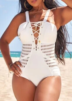Patchwork Lace Up White One Piece Swimwear