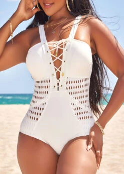 Patchwork Lace Up White One Piece Swimwear -Rosewe Promotion Store 328601 P 16824734516134
