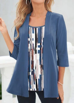 Geometric Print Fake 2in1 Blue T Shirt