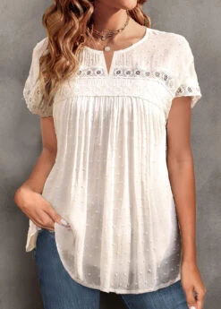 White Round Neck Short Sleeve Jacquard T Shirt