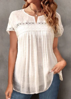 White Round Neck Short Sleeve Jacquard T Shirt -Rosewe Promotion Store 328677 P 1678181591263