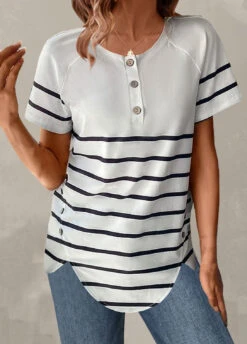 Plus Size White Button Striped T Shirt -Rosewe Promotion Store 328743 P 1678183025998