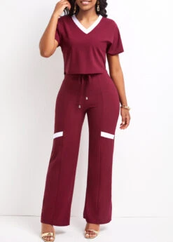 Patchwork Dark Reddish Purple Long V Neck Top And Pants
