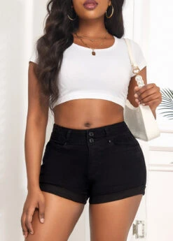 Zipper Fly Pocket Black Skinny Mid Waisted Denim Shorts