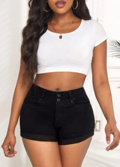 Zipper Fly Pocket Black Skinny Mid Waisted Denim Shorts -Rosewe Promotion Store 328857 P 16799800388325