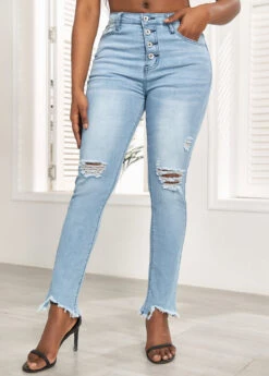 Light Blue Skinny Button Fly Pocket Jeans