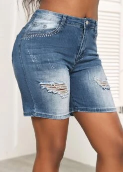 Zipper Fly Pocket Denim Blue Skinny Shorts -Rosewe Promotion Store 328864 P 16799800646244