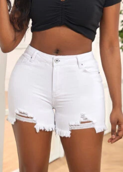 Zipper Fly Pocket White Skinny Mid Waisted Denim Shorts