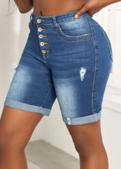 Button Fly Pocket Denim Blue Skinny Shorts -Rosewe Promotion Store 328867 P 16798805131403
