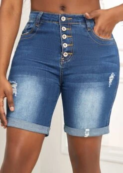Button Fly Pocket Denim Blue Skinny Shorts -Rosewe Promotion Store 328867 P 16798805135452