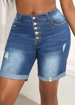 Button Fly Pocket Denim Blue Skinny Shorts -Rosewe Promotion Store 328867 P 16798805136414
