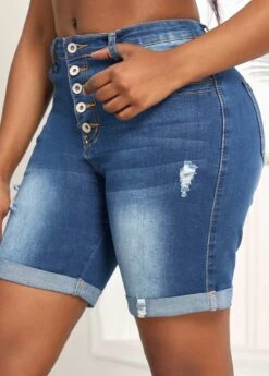 Button Fly Pocket Denim Blue Skinny Shorts