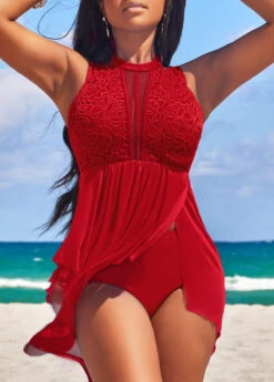 High Waisted Lace Red Swimdress And Panty
