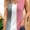 Striped Patchwork Pink V Neck Tank Top 2 Striped Patchwork Pink V Neck Tank Top -Rosewe Promotion Store 328925 P 1678442411248